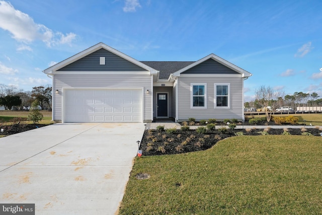 ranch-style house with a garage, driveway, and a front lawn