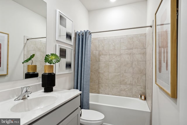 full bathroom with toilet, shower / bathtub combination with curtain, and vanity