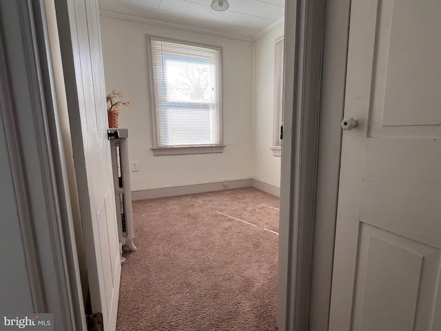 corridor with carpet, baseboards, and crown molding