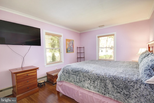 bedroom featuring a baseboard radiator, multiple windows, ornamental molding, and wood finished floors