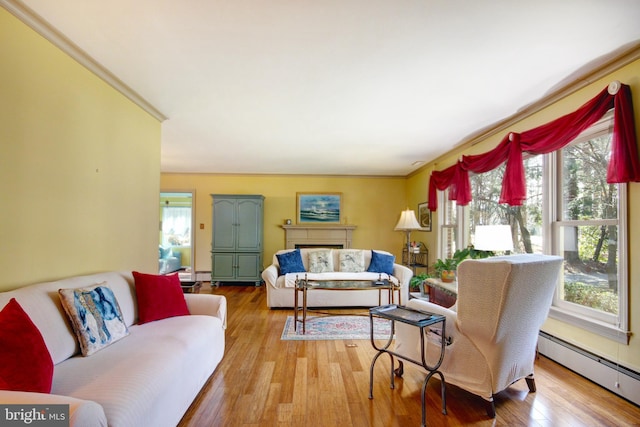 living area with a fireplace, a baseboard heating unit, a wealth of natural light, and wood finished floors