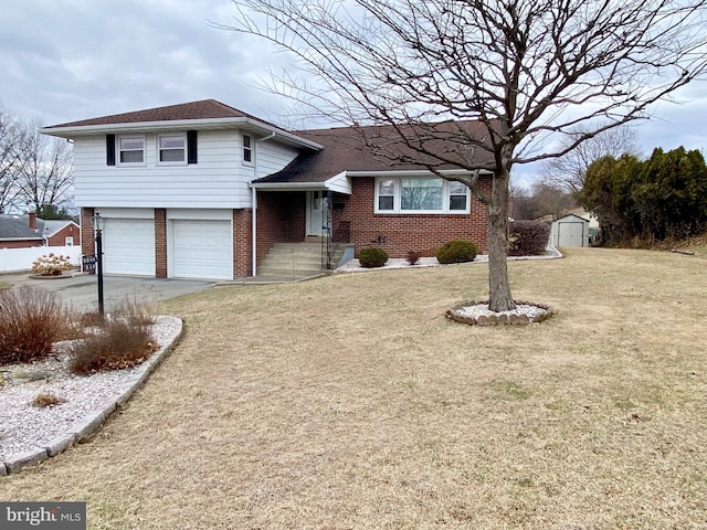 split level home with an outbuilding, a storage shed, brick siding, concrete driveway, and a front lawn