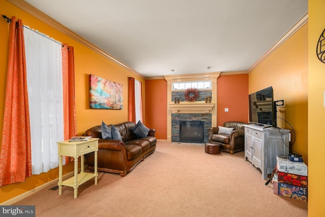 carpeted living area with baseboards, a fireplace, and crown molding