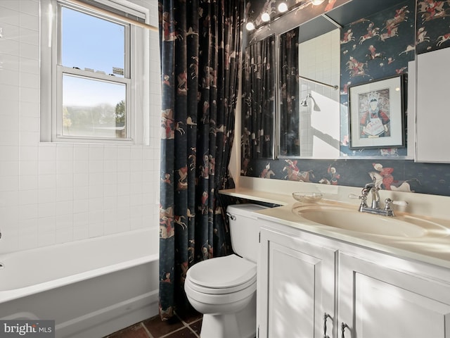 full bathroom with wallpapered walls, shower / tub combo, toilet, tile patterned floors, and vanity