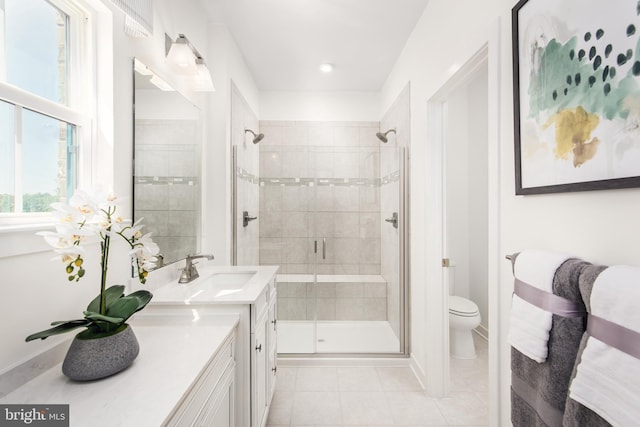 full bathroom with tile patterned flooring, a shower stall, vanity, and toilet