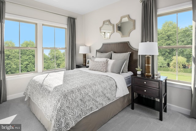 bedroom with baseboards and light carpet