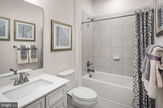 bathroom with vanity, toilet, and shower / bathtub combination with curtain