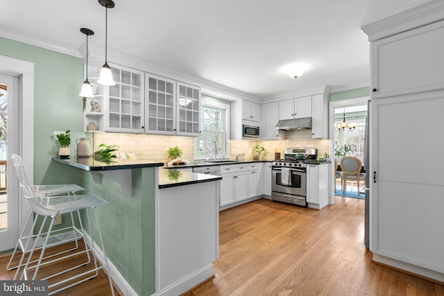 kitchen featuring a peninsula, ornamental molding, stainless steel appliances, under cabinet range hood, and dark countertops