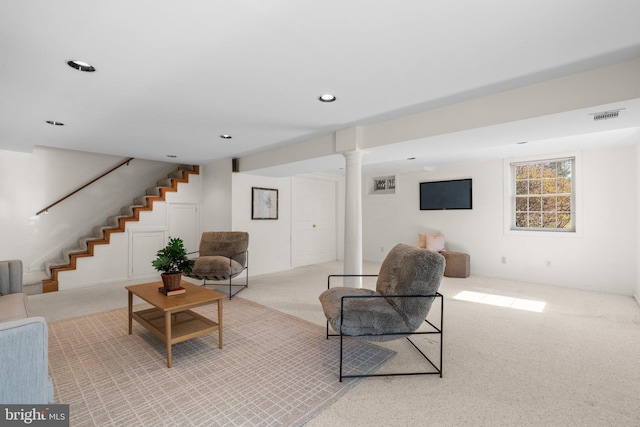 living room with recessed lighting, stairway, visible vents, and carpet