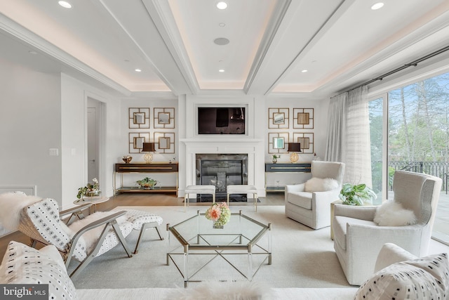 living area featuring a fireplace and recessed lighting