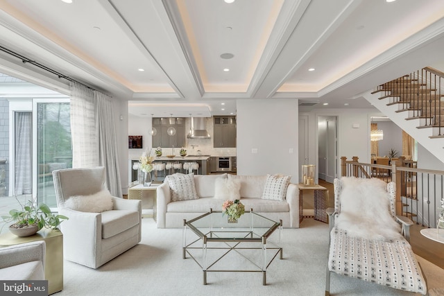 living area with recessed lighting and stairway