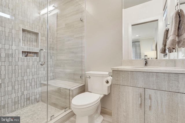 bathroom with vanity, a shower stall, and toilet