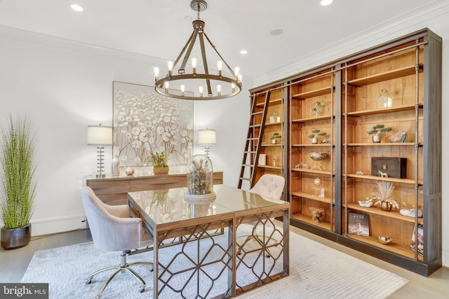 office area with baseboards, ornamental molding, recessed lighting, and an inviting chandelier