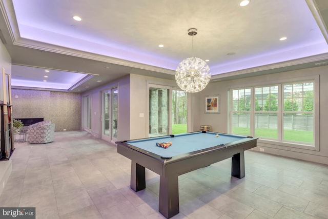 rec room with pool table, plenty of natural light, a raised ceiling, and recessed lighting