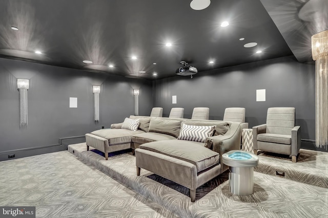 carpeted cinema with recessed lighting