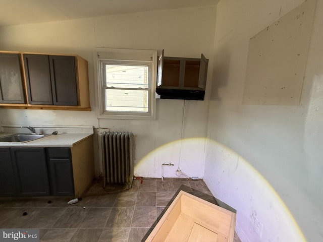 kitchen featuring a sink, open shelves, radiator, and light countertops