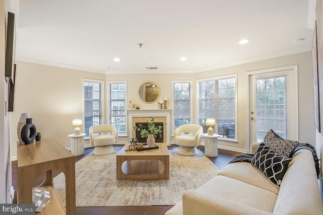 living area featuring recessed lighting, a fireplace, crown molding, and wood finished floors