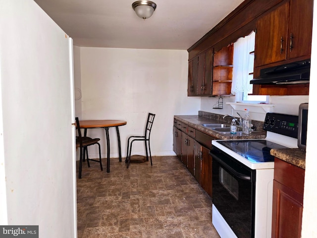 kitchen with electric stove, dark countertops, under cabinet range hood, open shelves, and a sink