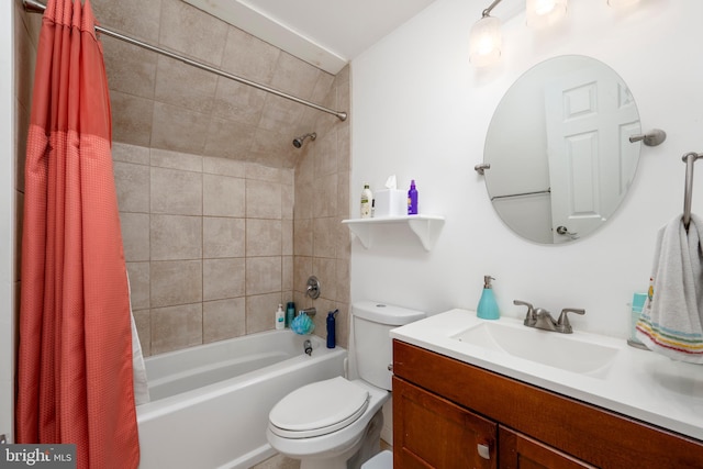 bathroom featuring toilet, vanity, and shower / bathtub combination with curtain