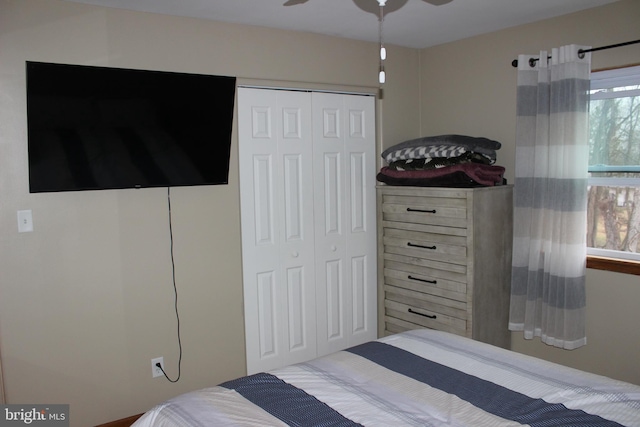 bedroom featuring a closet and ceiling fan