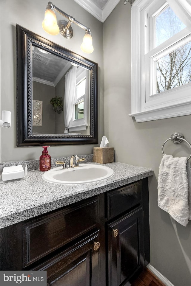 bathroom featuring crown molding and vanity