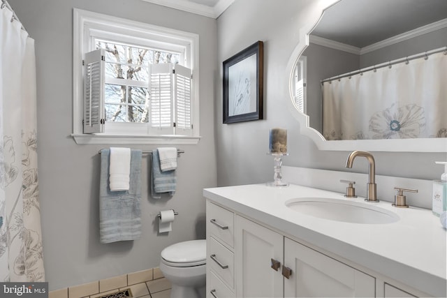 full bath with toilet, ornamental molding, tile patterned flooring, and vanity