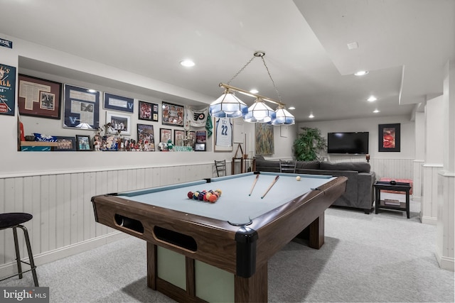 playroom with a wainscoted wall, carpet floors, pool table, and recessed lighting