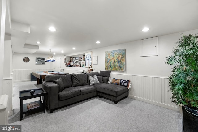 living room with a wainscoted wall, carpet floors, billiards, and recessed lighting