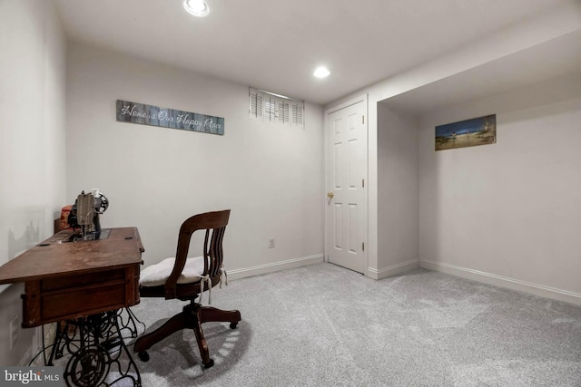 office featuring carpet, baseboards, and recessed lighting