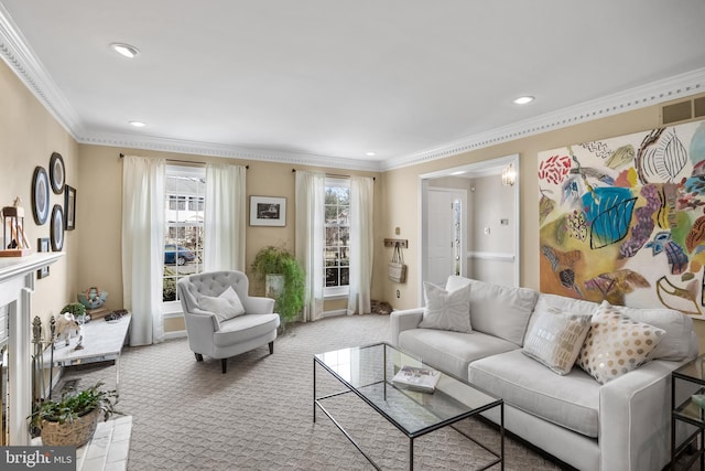 living area featuring carpet floors, a fireplace, recessed lighting, visible vents, and ornamental molding