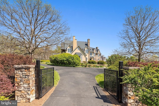 view of road with a gate, aphalt driveway, and a gated entry