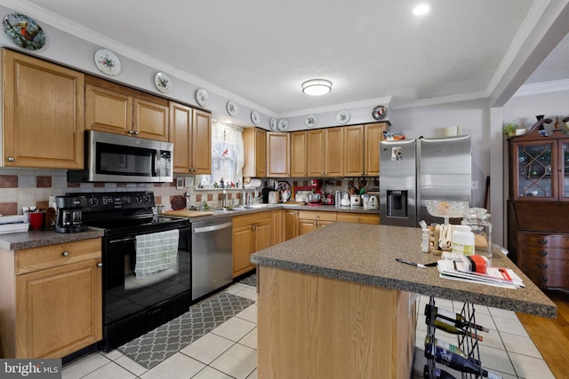 kitchen with ornamental molding, tasteful backsplash, stainless steel appliances, a breakfast bar area, and light tile patterned floors