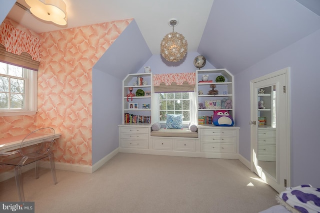 rec room featuring light carpet, vaulted ceiling, and baseboards