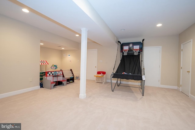 playroom featuring carpet, baseboards, and recessed lighting