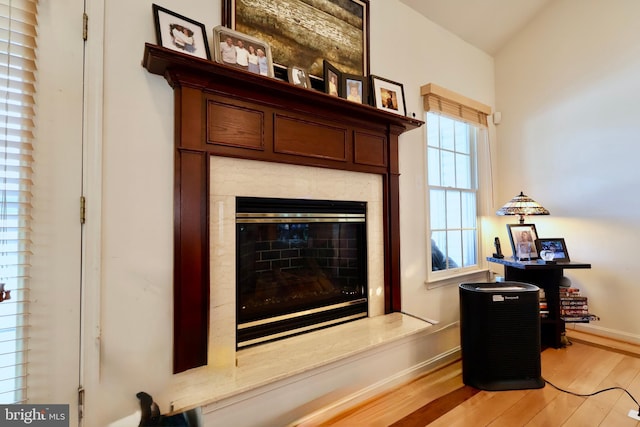 room details with a high end fireplace, baseboards, and wood finished floors