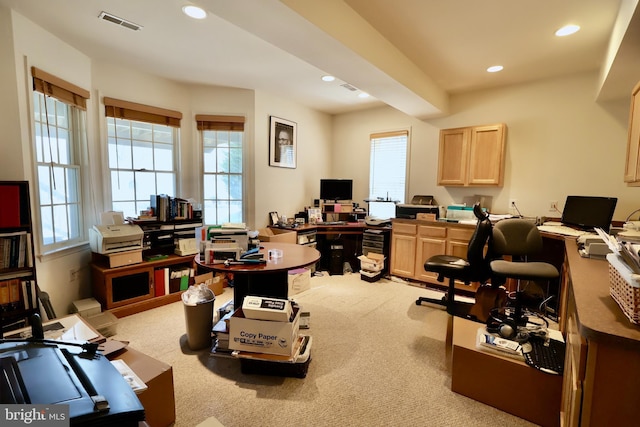 home office with recessed lighting, visible vents, and carpet floors