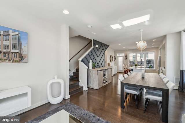 dining space with stairway, recessed lighting, baseboards, and dark wood-style flooring