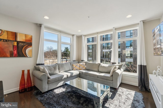 living area with recessed lighting, baseboards, and wood finished floors