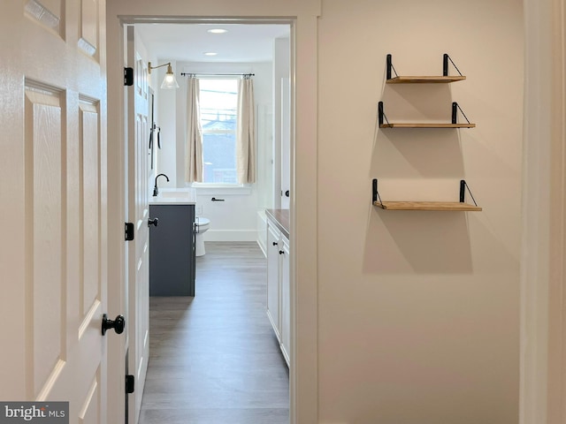 hallway featuring a sink, baseboards, and wood finished floors