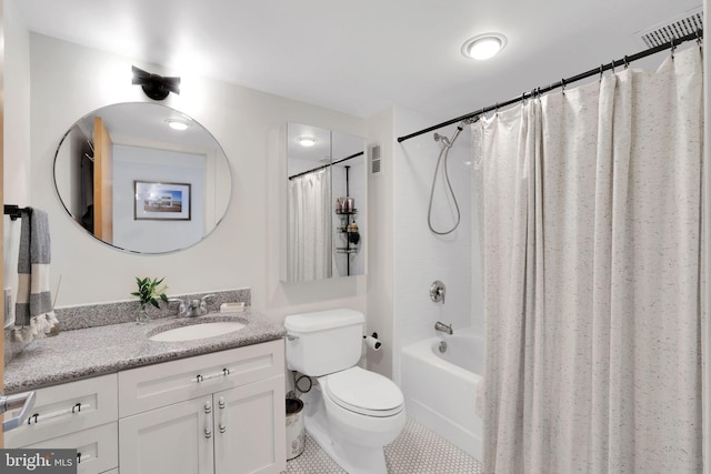 bathroom with toilet, shower / bath combo, vanity, and visible vents