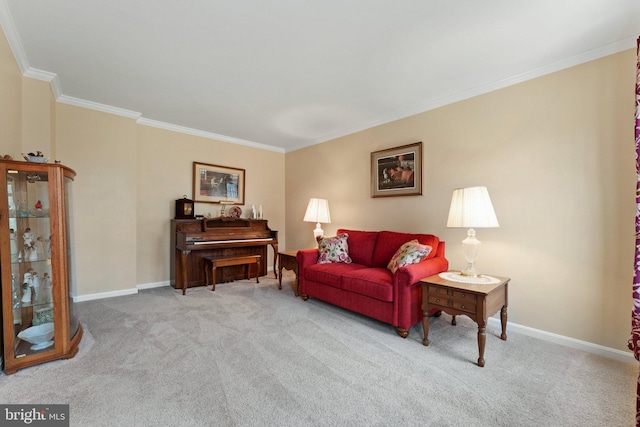 living room with ornamental molding, carpet flooring, and baseboards