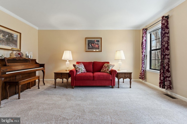 living room featuring baseboards, carpet, visible vents, and crown molding