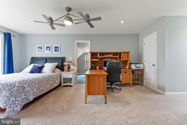 bedroom with recessed lighting, baseboards, a ceiling fan, and light colored carpet