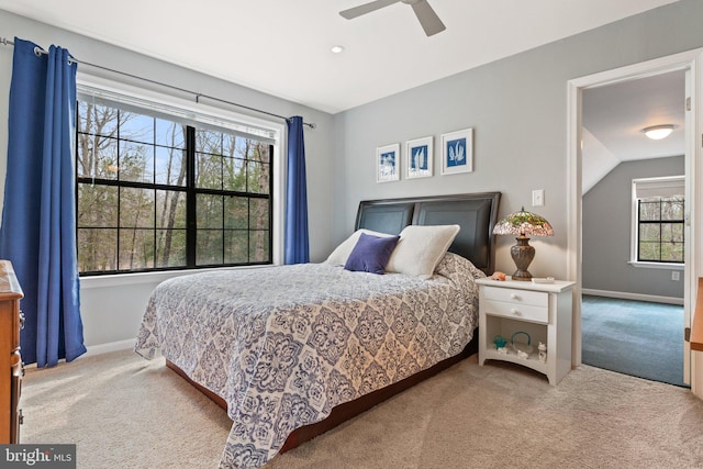 bedroom featuring a ceiling fan, recessed lighting, carpet flooring, and baseboards