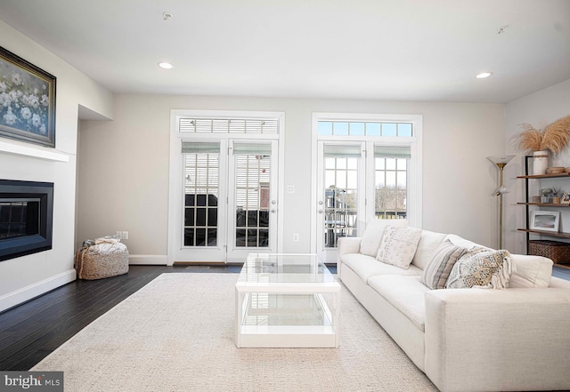 living room with a glass covered fireplace, baseboards, recessed lighting, and wood finished floors