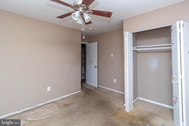 unfurnished bedroom with a closet, ceiling fan, and baseboards