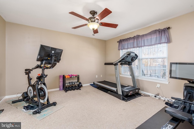 exercise room with carpet, baseboards, and a ceiling fan