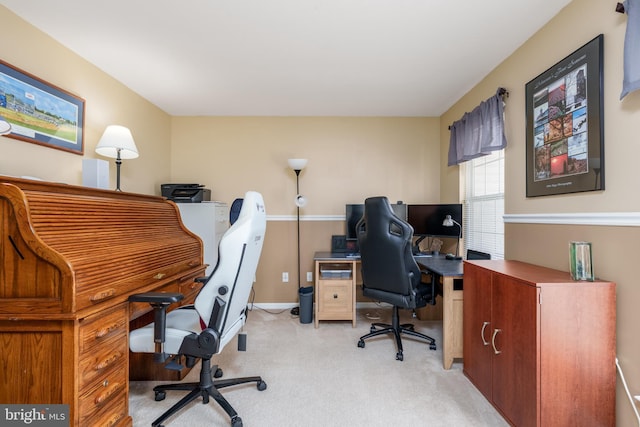 home office featuring light carpet