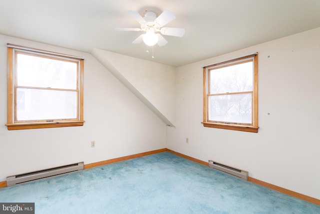 bonus room with carpet floors, a baseboard radiator, and a healthy amount of sunlight