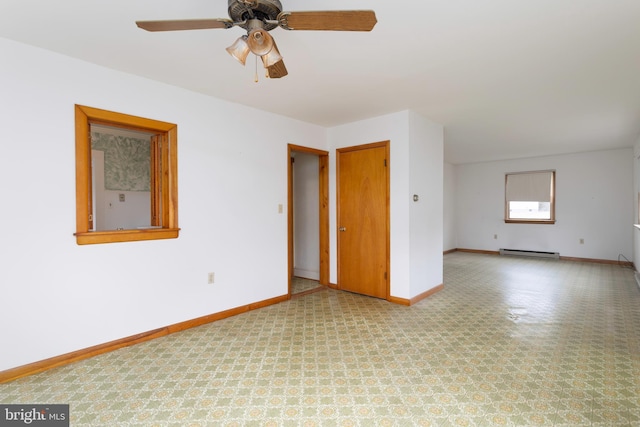 unfurnished room featuring ceiling fan, a baseboard radiator, and baseboards